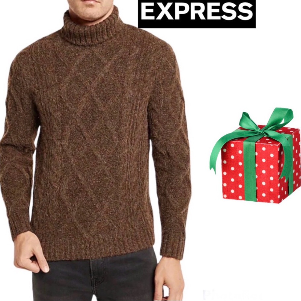 Express Wool Cable Knit Turtleneck Sweater Brown XL - Picture 14 of 14